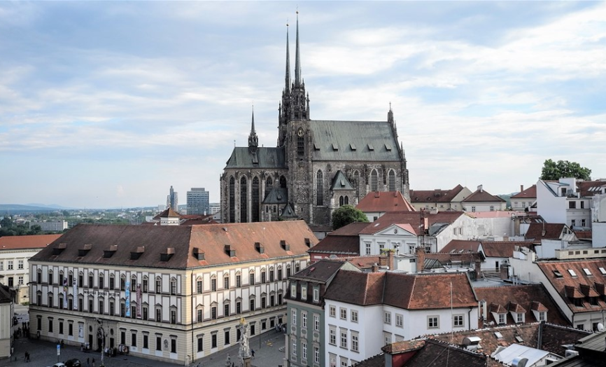 Panoramic view of Brno’s historic center with the Cathedral of Saints Peter and Paul