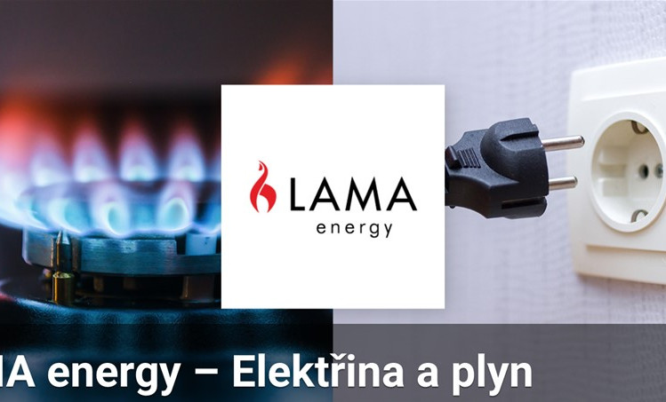 Reklamní obrázek LAMA energy s hořícím plynovým hořákem, zásuvkou a logem společnosti
