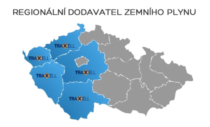 Mapa České republiky s vyznačenými západními a středními regiony, kde společnost Traxell působí jako regionální dodavatel zemního plynu.